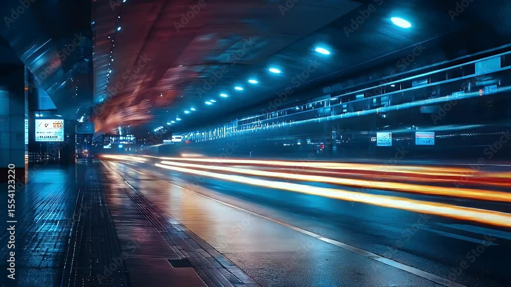 Abstract Urban Tunnel at Night with Motion Blur and Vibrant Blue and Orange Lights Long Exposure Shot and Dark Asphalt Reflection Abstract Urban Tunnel at Night with Motion Blur and Vibrant Blue and Orange Lights Long Exposure Shot and Dark Asphalt Reflection