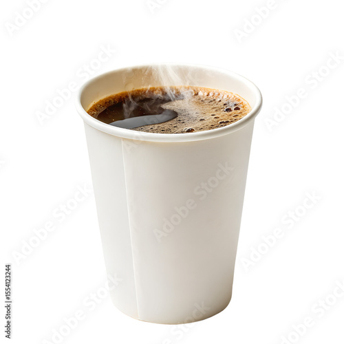 Steaming hot coffee in a paper cup on transparent background