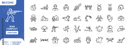 Set of 36 line icons depicting war, conflict, and related elements.