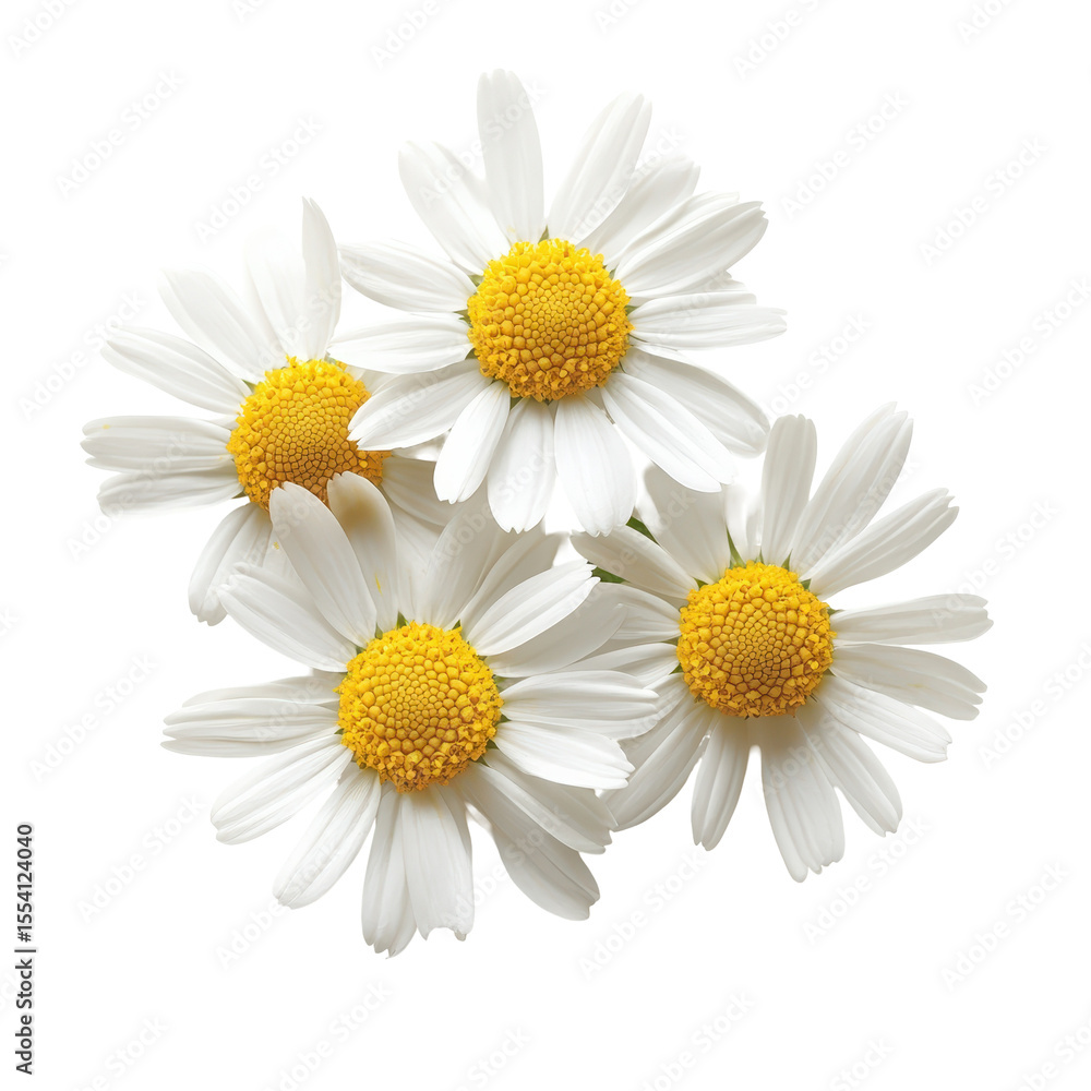 Fototapeta premium Four white daisies with yellow centers on black background isolated on a transparent background