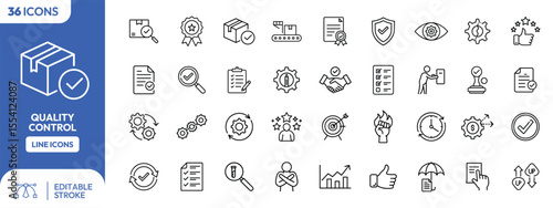 A collection of thirty-six line icons depicting various aspects of quality control, including package inspection, process optimization, and customer satisfaction.