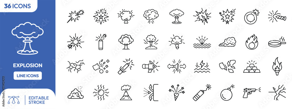 Collection of line icons depicting various explosions, blasts, and related effects. Collection of line icons depicting various explosions, blasts, and related effects.