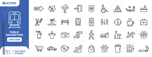 A collection of line art icons representing public navigation and various common symbols.