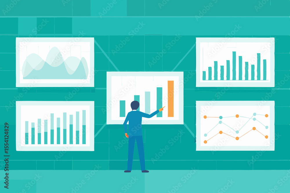 Business Presentation with Charts and Graphs Showing Data Analysis and Growth Strategy Illustration Business Presentation with Charts and Graphs Showing Data Analysis and Growth Strategy Illustration