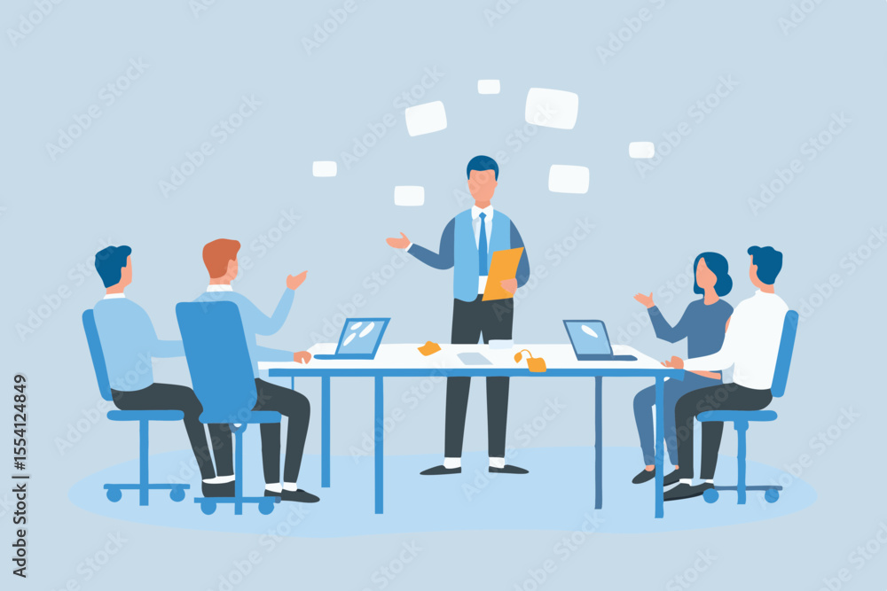 Business meeting illustration with a presenter laptops and employees in a light blue color scheme Business meeting illustration with a presenter laptops and employees in a light blue color scheme