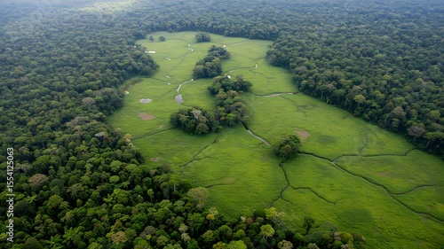 Aerial View of Vibrant Green Rainforest Valley Stream and Dense Forest Landscape