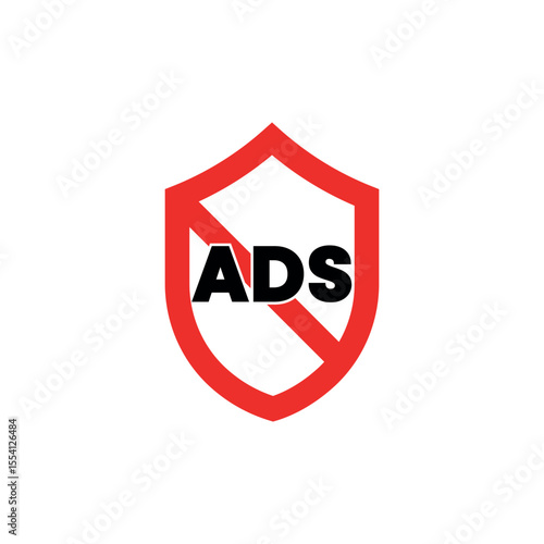 No Ads Shield Icon Vector – Red Ad Block Security Badge Symbol for Blocking Ads in Apps, Extensions, and Online Platforms