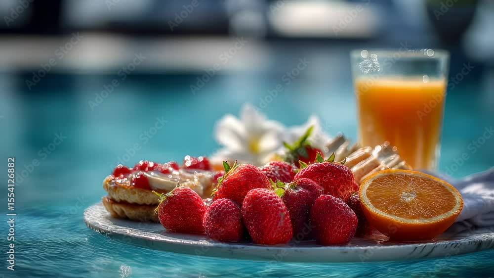 Healthy poolside brunch: strawberries, orange, and orange juice on a sunny day Healthy poolside brunch: strawberries, orange, and orange juice on a sunny day