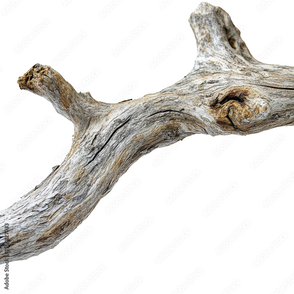 Fototapeta premium Weathered driftwood branch isolated black background nature texture wood grain isolated on a transparent background