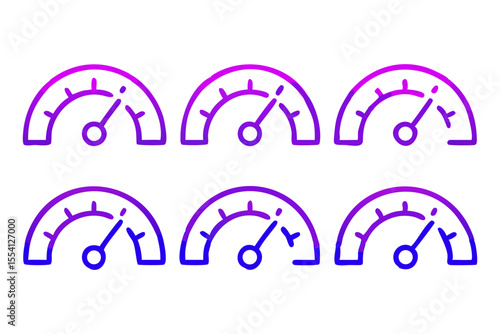 Neon Speedometer Icons in a Grid Pattern on a Black Background Showing Varying Levels of Measurement with a Gradient from Purple to Blue Indicating Performance