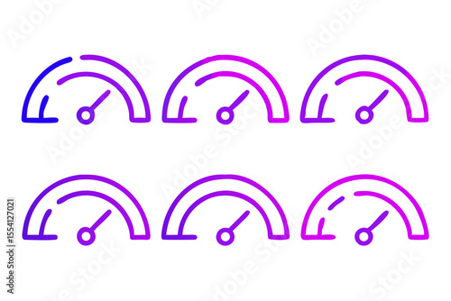 Neon Gradient Speedometer Icons on Black Background Displaying Different Levels of Measurement and Performance Suitable for Technology Data and Progress Visualizations with a Modern Aesthetic