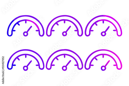 Six Speedometer Icons in a Gradient of Blue Purple and Pink on a Black Background Representing Performance Speed and Measurement in a Modern and Abstract