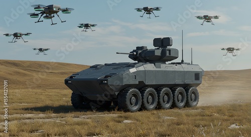 The Future of Combat: Armored vehicle surrounded by an autonomous drone swarm navigates a desolate desert landscape, with the sky as a canvas for innovation and military technology.