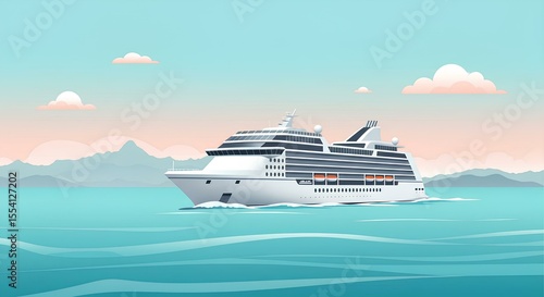 Fototapeta Naklejka Na Ścianę i Meble -  Modern vector graphics, illustration of a cruise liner with multi-level decks on the background of turquoise sea and pink sunset in pastel colors with free space for text
