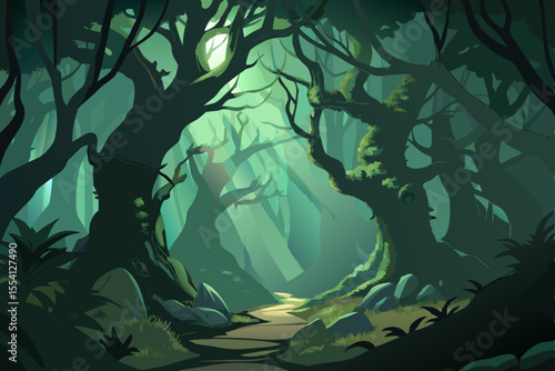 Enchanted Forest Path A serene vector illustration depicting a winding path through a dense green forest with light filtering through the trees creating a mystical