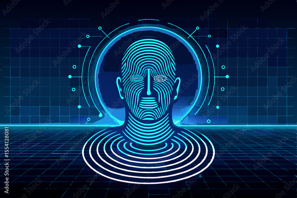 Fototapeta premium Futuristic Biometric Identity Scan with Glowing Blue Lines and Grid Background Representing Advanced Technology Data Security and Artificial Intelligence in a Modern Cyberpunk Aesthetic glowing