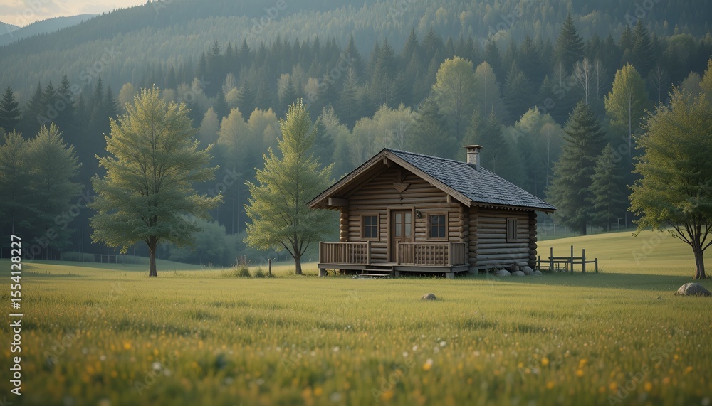 Fototapeta premium A cozy wooden cabin sits peacefully amidst a tranquil green meadow during a soft, dreamy day.
