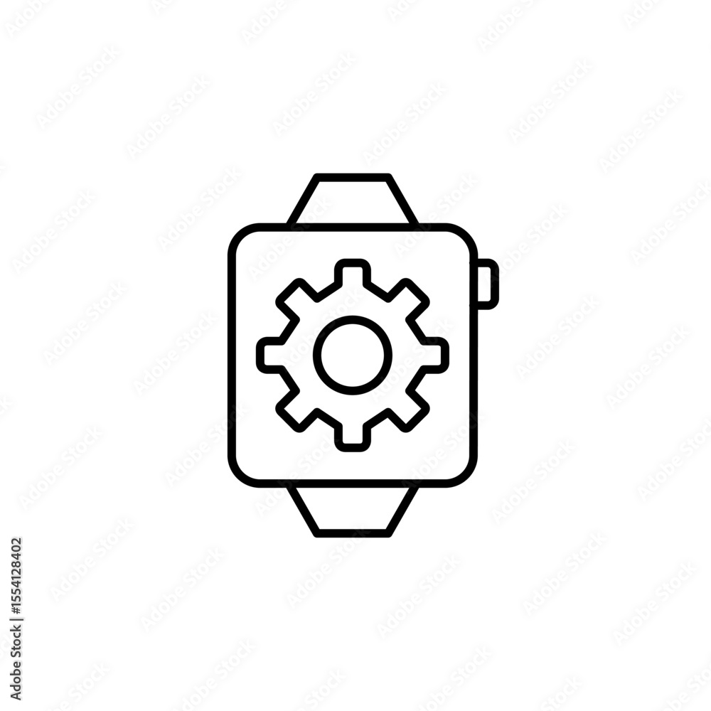 Smart watch and cogwheel. Device settings, wearable configuration, fitness tracking setup, smart features control, personalized notifications. Pixel perfect, editable stroke vector icon Smart watch and cogwheel. Device settings, wearable configuration, fitness tracking setup, smart features control, personalized notifications. Pixel perfect, editable stroke vector icon