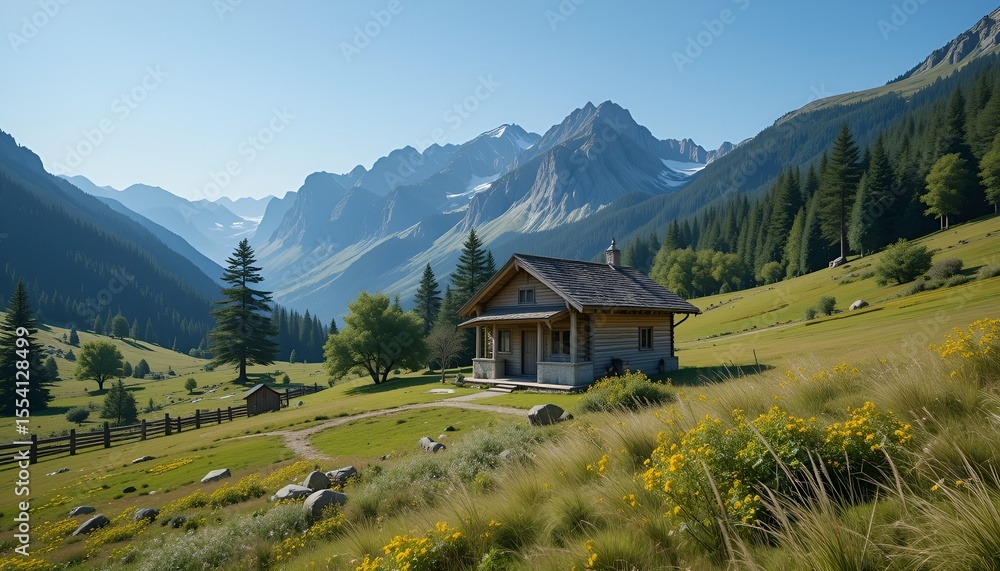 Obraz premium Idyllic log cabin nestled amid a verdant valley with majestic mountains in the background.