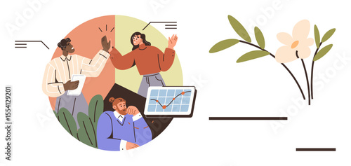 Professionals collaborating on a project, analyzing a chart, and celebrating achievements. Flower and foliage add contrast. Ideal for teamwork, growth, success, nature, balance collaboration