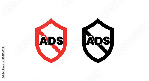 Red No Ads Shield Vector Icons – Red and Black Ad Blocker Symbols for Privacy, Security, and Internet Safety Design