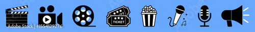 Vector set of 8 cinema and entertainment icons including clapper board, camera, film reel, ticket, popcorn, microphone, and megaphone. Perfect for movies, media, music, events. icons, vector.