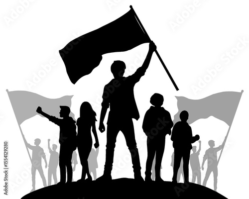 Silhouette of young people waving flag, young people demonstration and acceleration, isolated icon on background
