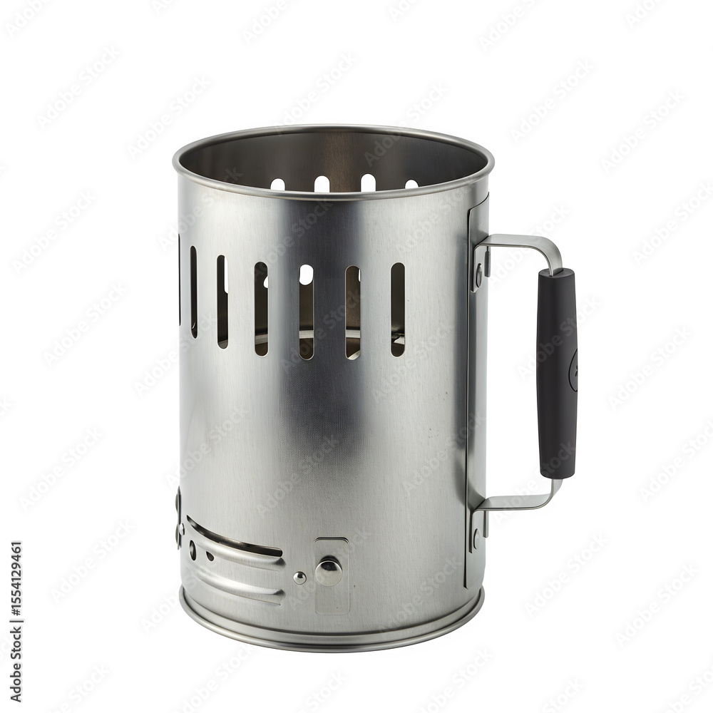 Sturdy metal charcoal chimney starter with a heat-resistant handle for safe and easy BBQ. Ideal for grilling visuals. Isolated on white or transparent background. PNG format. Sturdy metal charcoal chimney starter with a heat-resistant handle for safe and easy BBQ. Ideal for grilling visuals. Isolated on white or transparent background. PNG format.