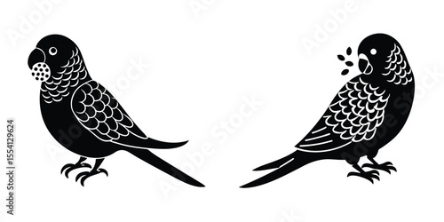 Budgie Nibbling Seed Flat Silhouette on White Background
