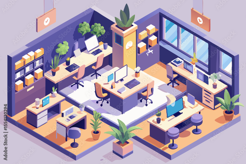 Isometric Office Space with Desks Computers and Plants A Modern and Clean Workspace Design with a Focus on Productivity and Well being in a Stylish Isometric Office Space with Desks Computers and Plants A Modern and Clean Workspace Design with a Focus on Productivity and Well being in a Stylish