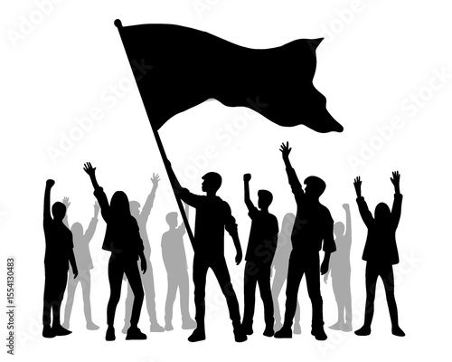 Silhouette of young people waving flag, young people demonstration and acceleration, isolated icon on background
