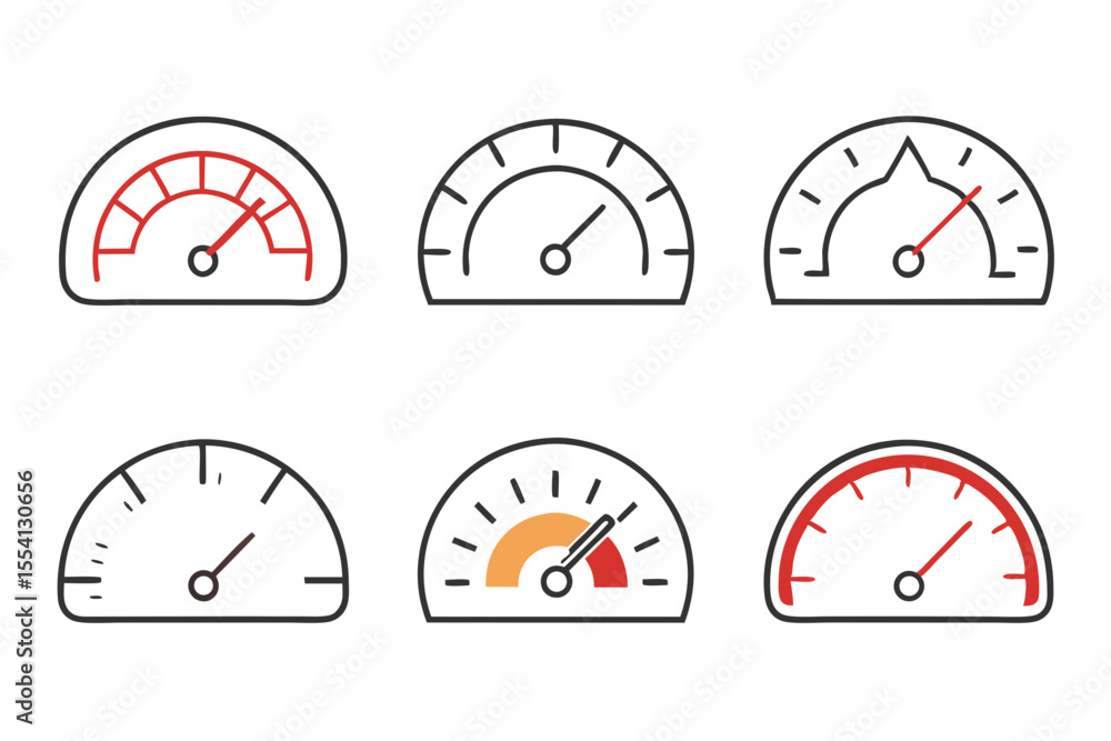 A collection of six stylized gauge icons each displaying varying levels or measurements with some featuring color accents to indicate different zones or thresholds Six A collection of six stylized gauge icons each displaying varying levels or measurements with some featuring color accents to indicate different zones or thresholds Six