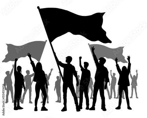 Silhouette of young people waving flag, young people demonstration and acceleration, isolated icon on background
