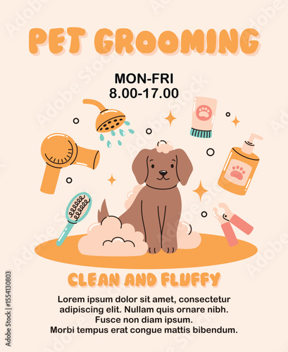 Pet grooming banner. Cute puppy in foam. Flat vector illustration.