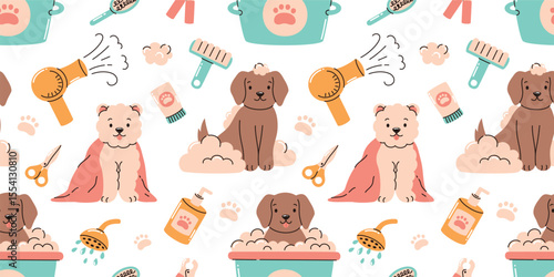 Seamless pattern with pet grooming elements. Dog in the bath, scissors, razor, hairbrush, hair dryer, soap for animals. Flat vector illustration.