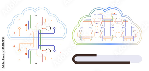 Cloud outlines with interconnected digital circuits visualizing data exchange, processing, and communication. Ideal for technology, innovation, networking, machine learning, cloud storage, AI