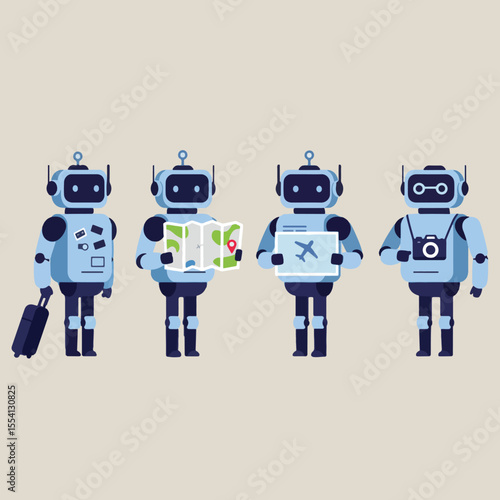 set minimalist geometric flat vector design of  travel assistant robots