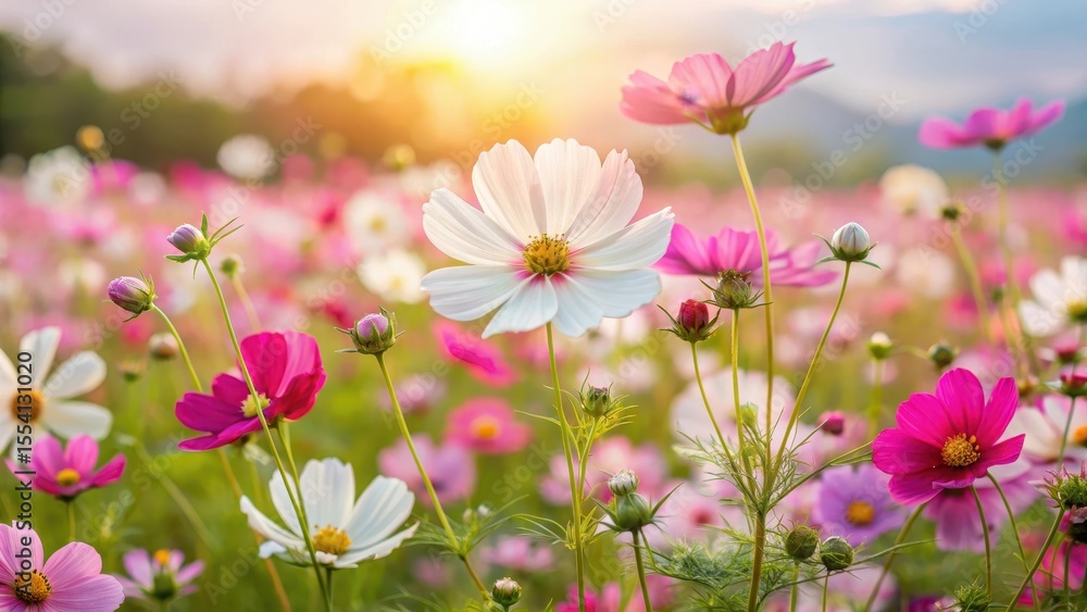 A lush and vibrant cosmos flower field in full bloom with delicate white and pink petals swaying gently in the breeze A lush and vibrant cosmos flower field in full bloom with delicate white and pink petals swaying gently in the breeze