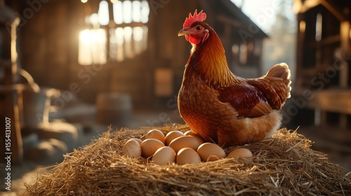 Hen sits on a nest of eggs in a rustic barn
