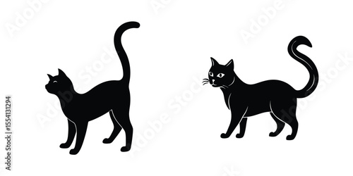 Cat Stretching Limbs Flat Silhouette on White Background