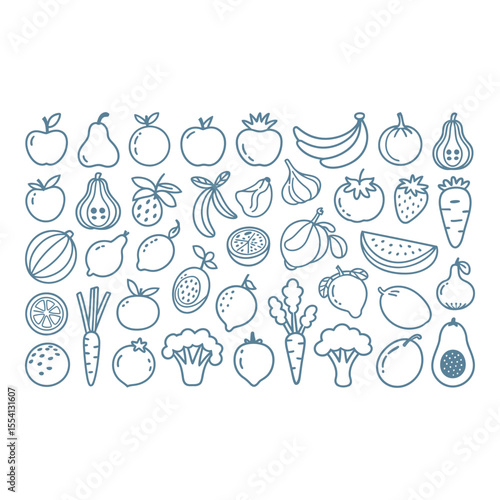 Collection of fruit and vegetable icons isolated on white background