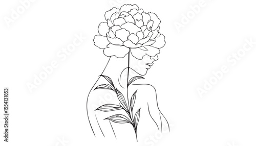 Continuous one single minimal line drawing woman with flower head