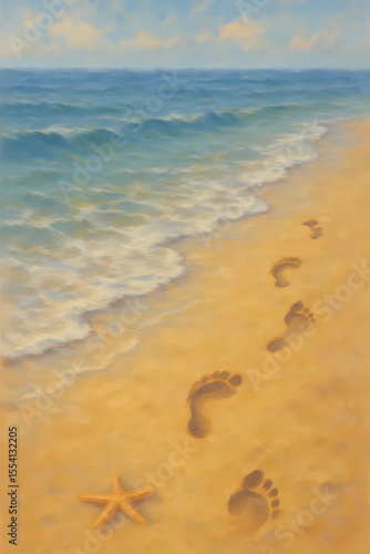 Footprints on Sandy Beach with Starfish