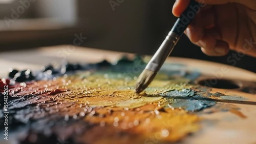 Artist painting with brush on palette filled with vibrant colors  