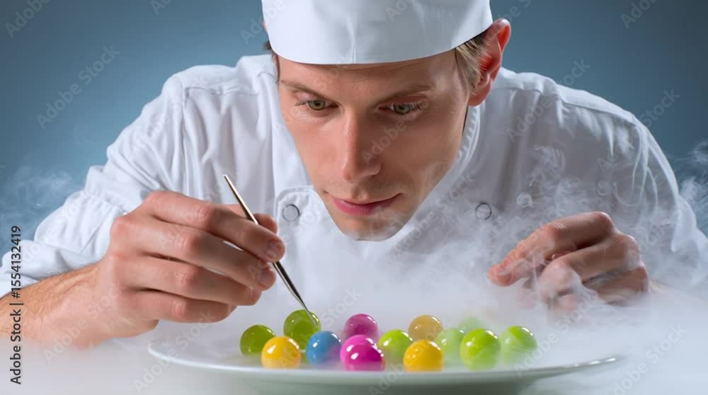 A chef prepares a molecular gastronomy meal in a fancy restaurant A chef prepares a molecular gastronomy meal in a fancy restaurant