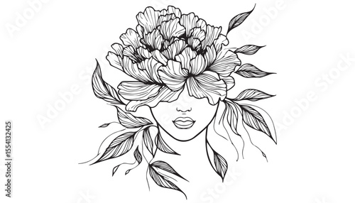 Continuous one single minimal line drawing woman with flower head