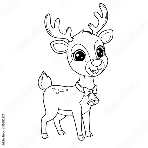 A friendly cartoon reindeer with big eyes, spotted back, antlers, and a bow tie with a bell smiles cheerfully.
