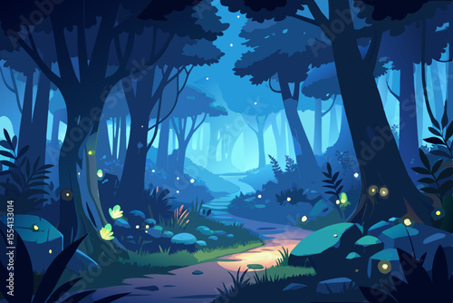 Enchanted Forest Path at Night magical forest trail glows with fireflies night enchanted forest forest path night scene fireflies glowing magical fantasy illustration digital art