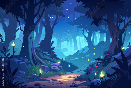 Enchanted Forest Path at Night magical forest scene night illuminated glowing plants enchanted forest night forest fantasy forest magical forest glowing plants bioluminescent plants forest