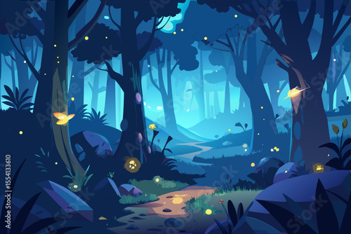 Enchanted Forest Path at Night magical forest scene night with fireflies and path forest night path trees fireflies magical enchanted fantasy illustration artwork digital art